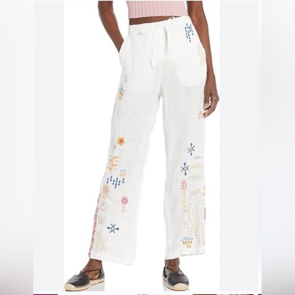 Johnny Was Biya Embroidered PantsWhite Linen Drawstringin White size M